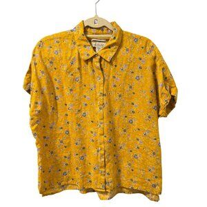 Rachel Zoe Yellow Floral Button-Up Shirt Sz Medium 100% Linen Short Sleeve Casua